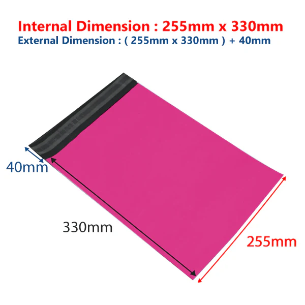 255 mm x 330 mm + 40mm Pink Poly Mailer Plastic Mailing Satchel Courier Shipping Bag - Image 3