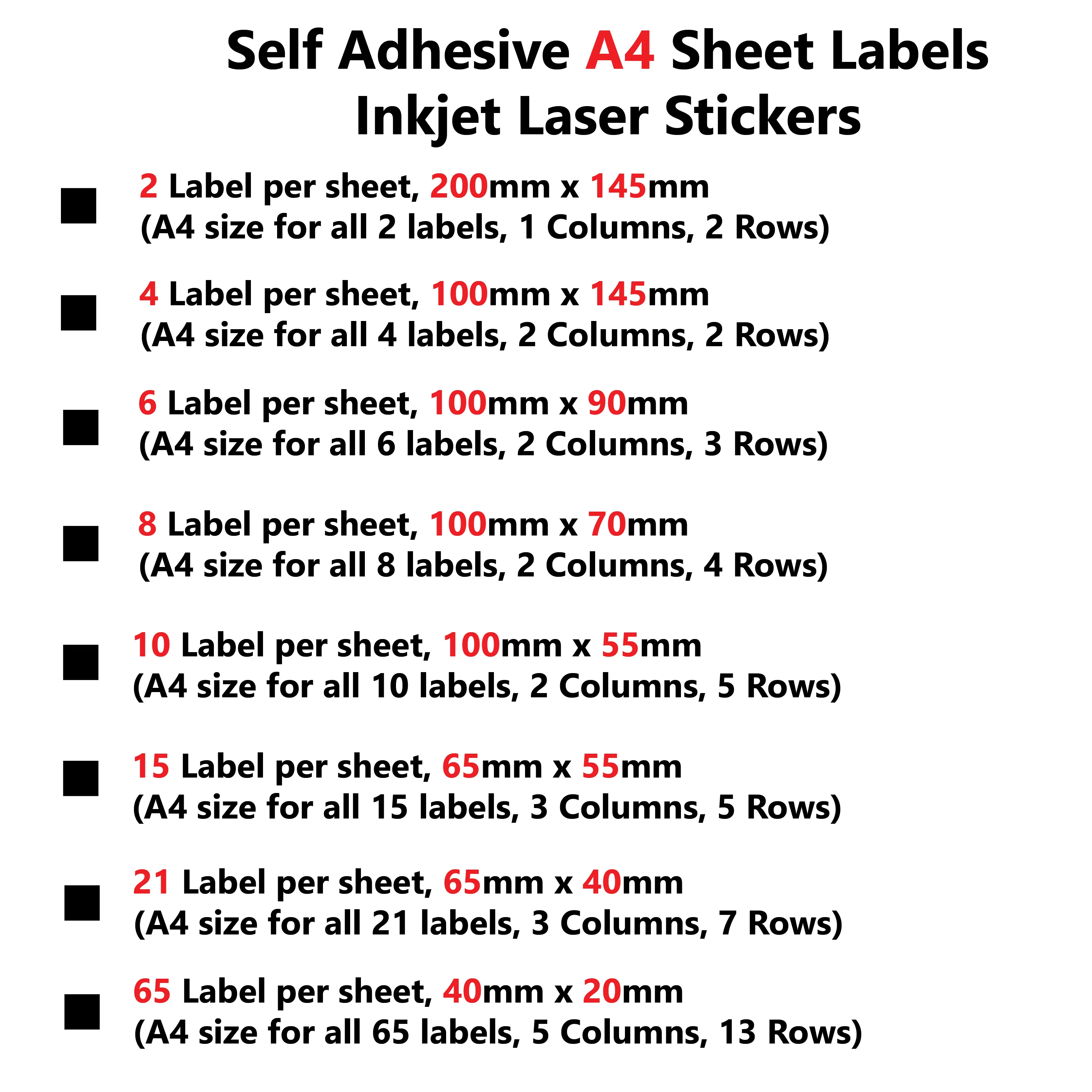 A4 Self adhesive Pre-cut 2/4/6/8/10/15/21/65 Labels per sheet - Image 5